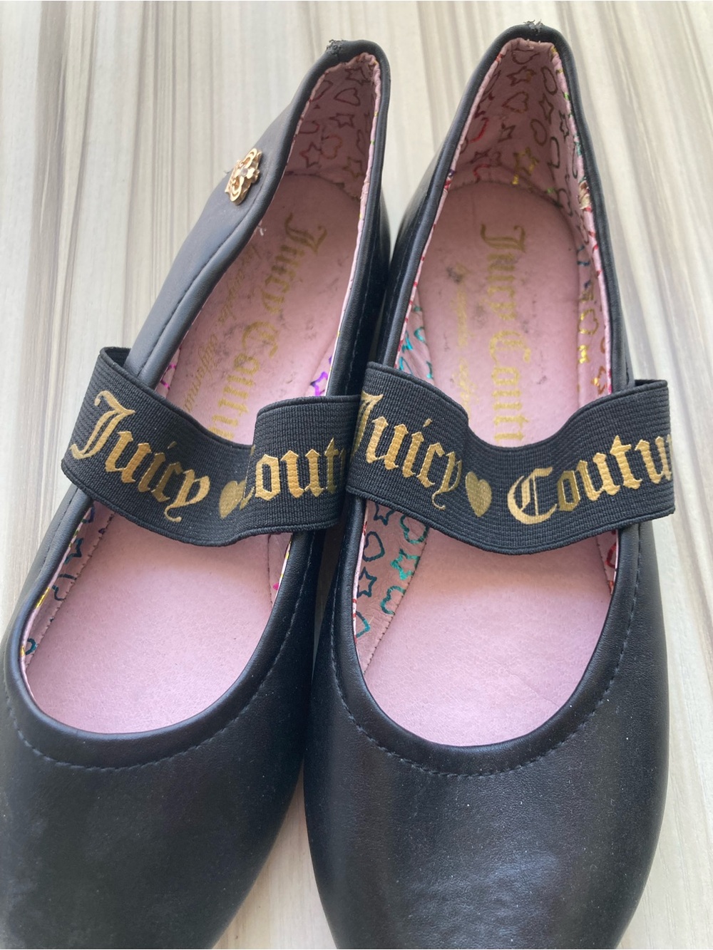 Juicy Couture Black Mary Jane Flats with Gold Logo Strap